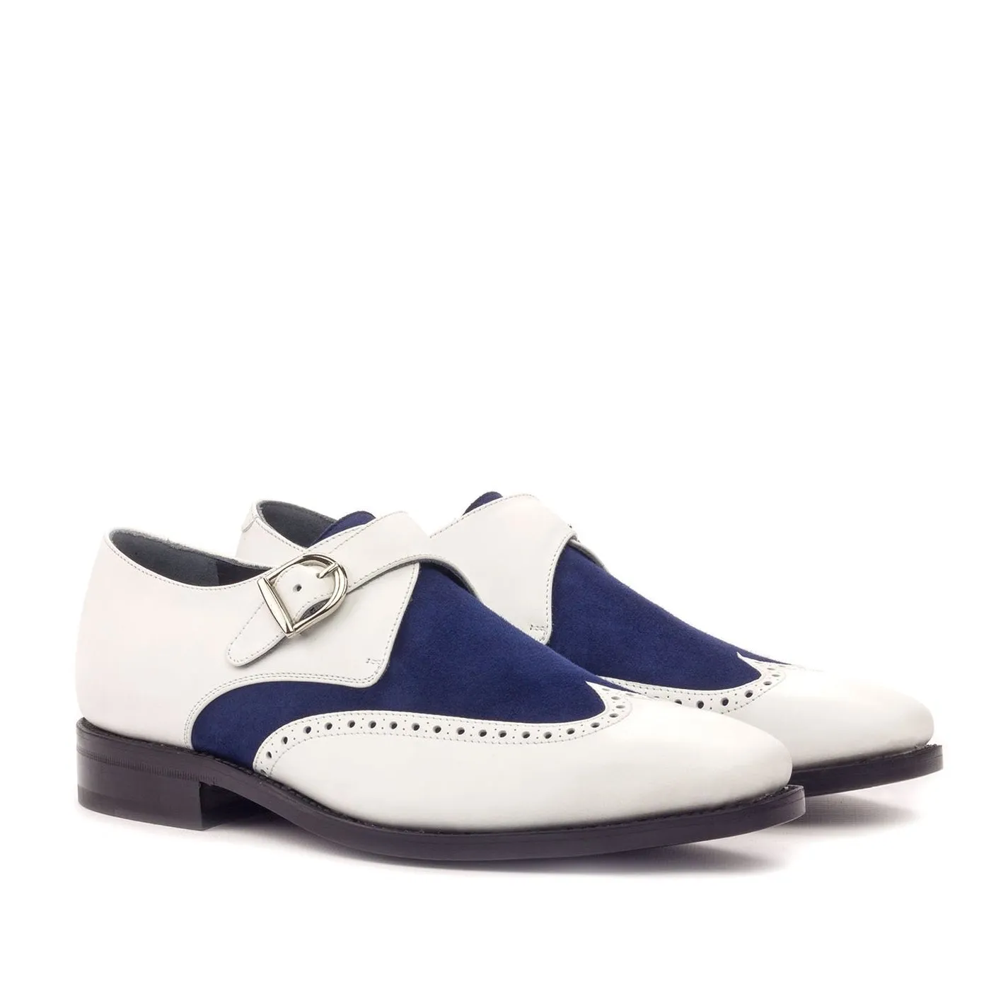 Ambrogio Bespoke Custom Men's Shoes White & Navy Suede / Calf-Skin Leather Monk-Strap Loafers (AMB2004)