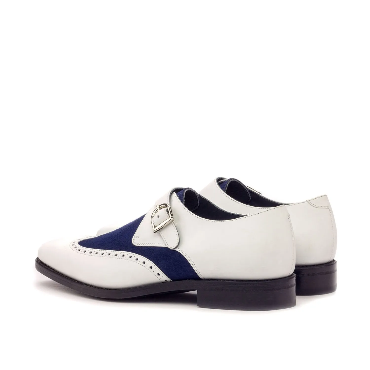 Ambrogio Bespoke Custom Men's Shoes White & Navy Suede / Calf-Skin Leather Monk-Strap Loafers (AMB2004)