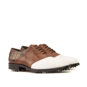 Ambrogio Bespoke Custom Men's Shoes White & Two-Tone Brown Crocodile Print / Pebble Grain / Calf-Skin Leather Fabric Golf Oxfords (AMB1973)