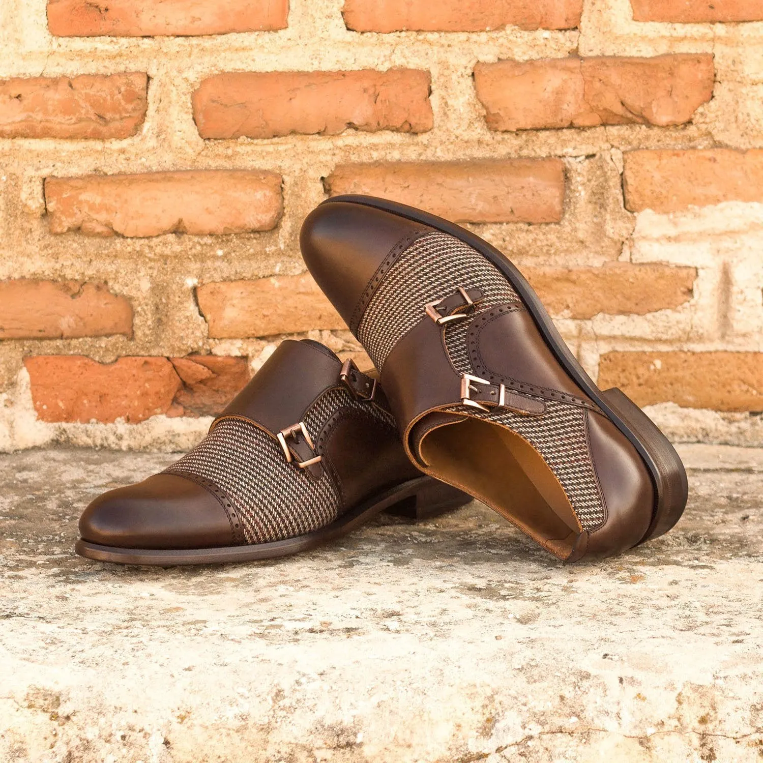 Ambrogio Bespoke Custom Women's Custom Made Shoes Beige & Dark Brown Fabric / Polished / Calf-Skin Leather Monk-Straps Loafers (AMBW1033)