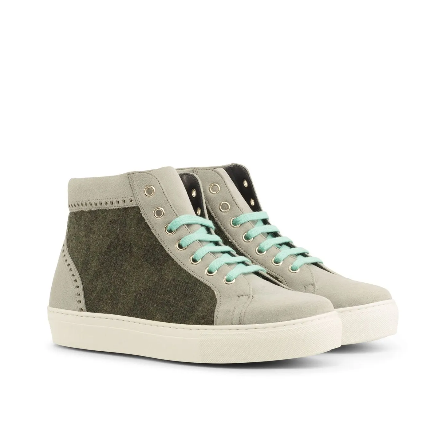 Ambrogio Bespoke Custom Women's Custom Made Shoes Gray & Green Fabric / Suede Leather High-Top Sneakers (AMBW1004)