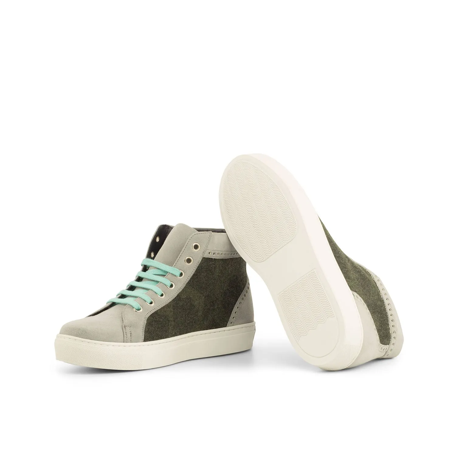 Ambrogio Bespoke Custom Women's Custom Made Shoes Gray & Green Fabric / Suede Leather High-Top Sneakers (AMBW1004)