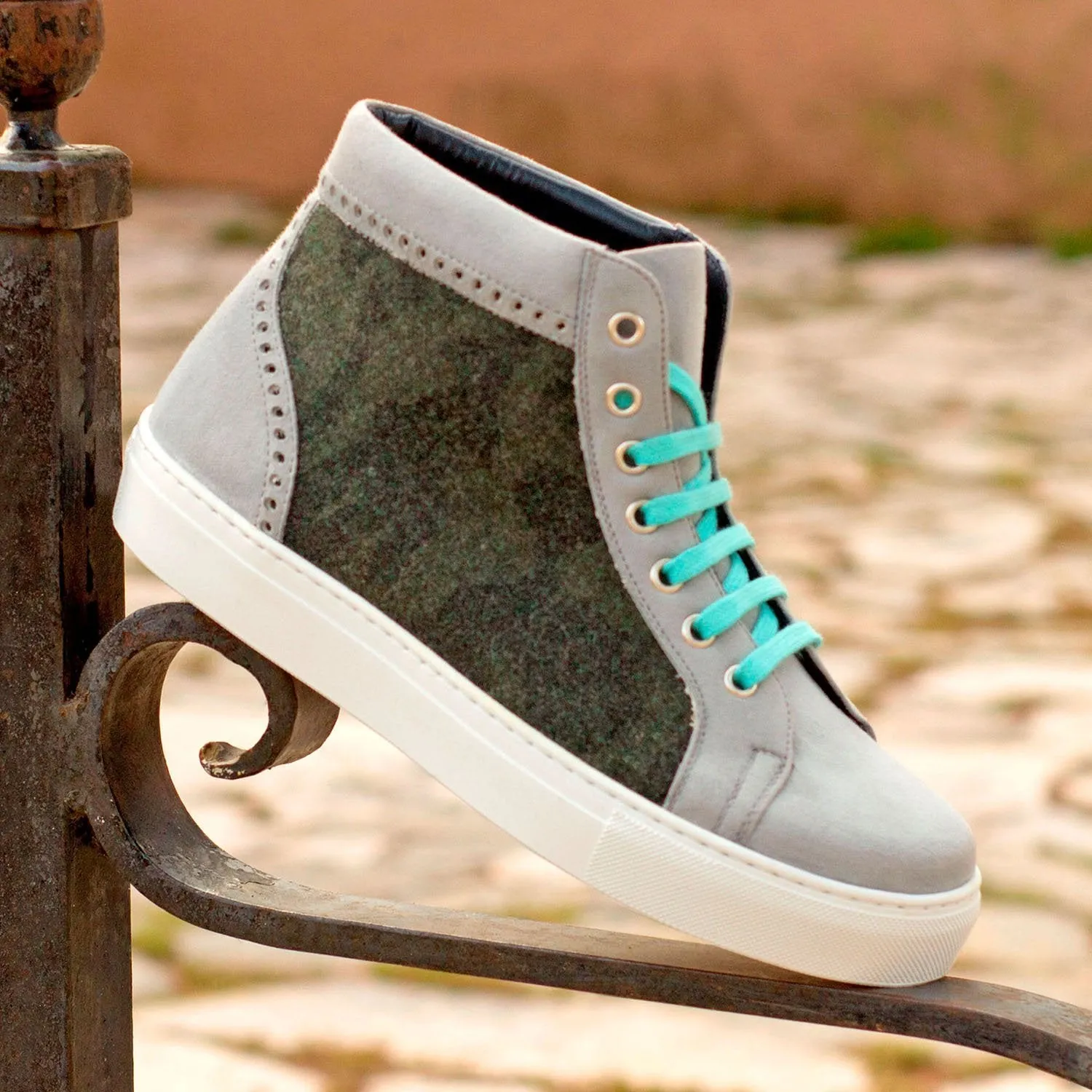 Ambrogio Bespoke Custom Women's Custom Made Shoes Gray & Green Fabric / Suede Leather High-Top Sneakers (AMBW1004)