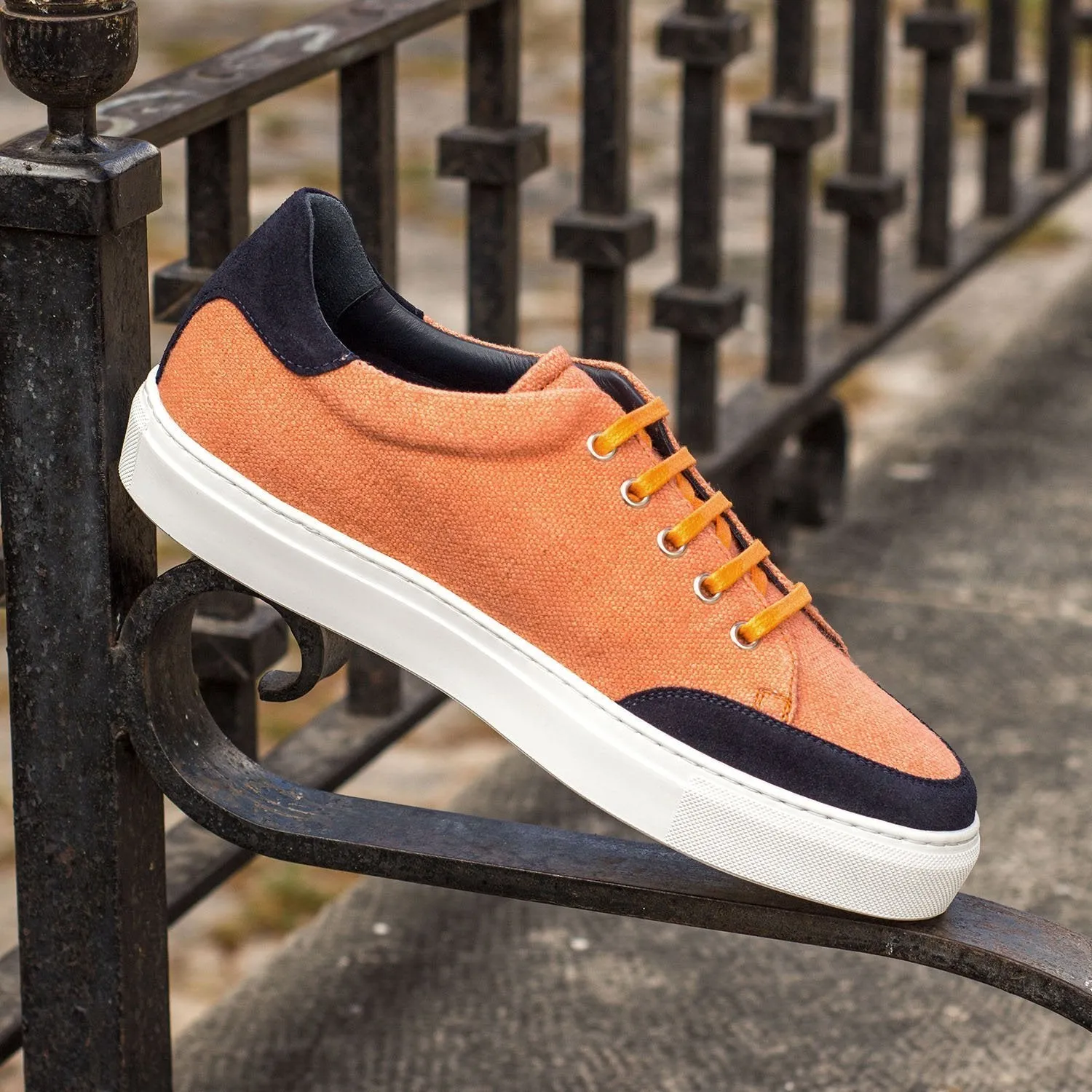 Ambrogio Bespoke Custom Women's Custom Made Shoes Orange & Navy Linen / Lux Suede Leather Casual Sneakers (AMBW1000)