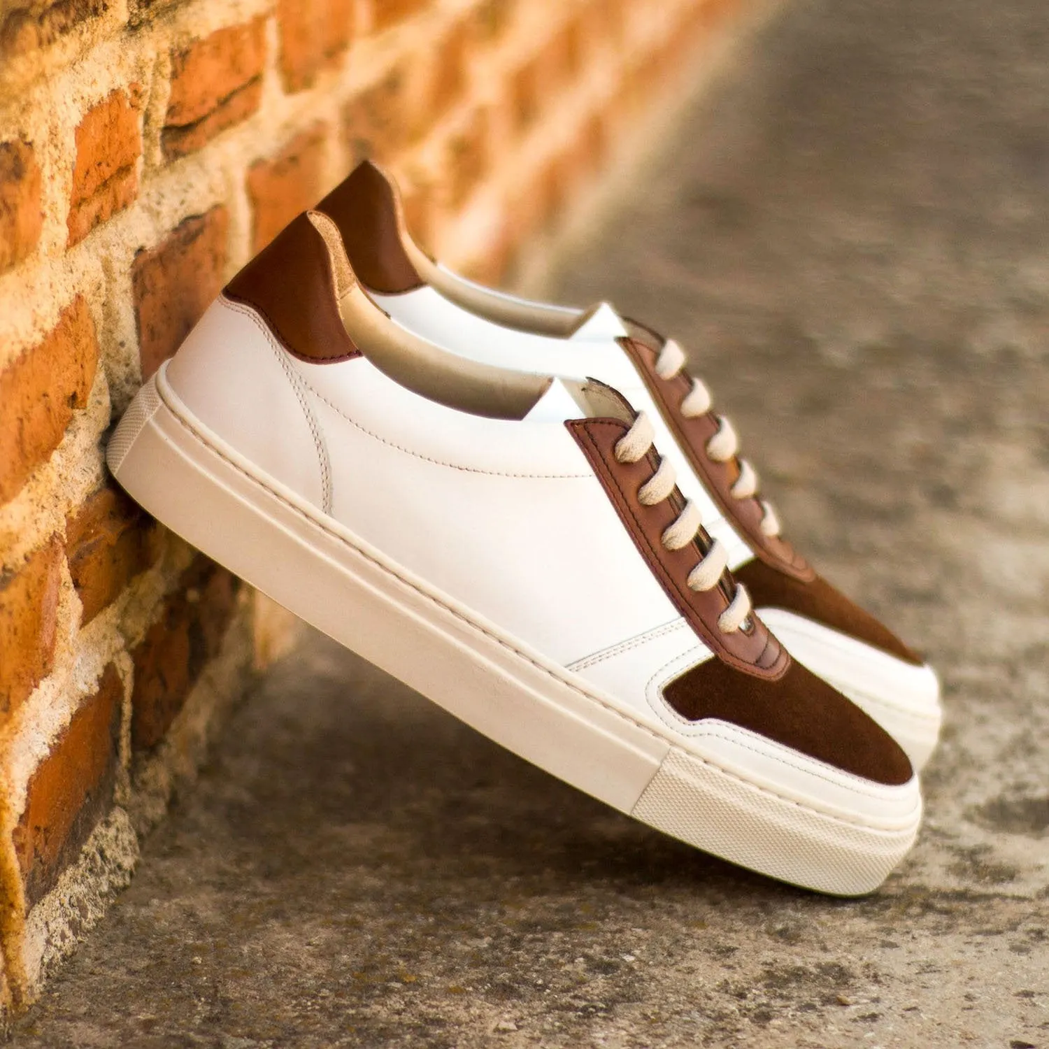 Ambrogio Bespoke Custom Women's Custom Made Shoes White & Brown Suede / Suede Leather Trainer Sneakers (AMBW1011)