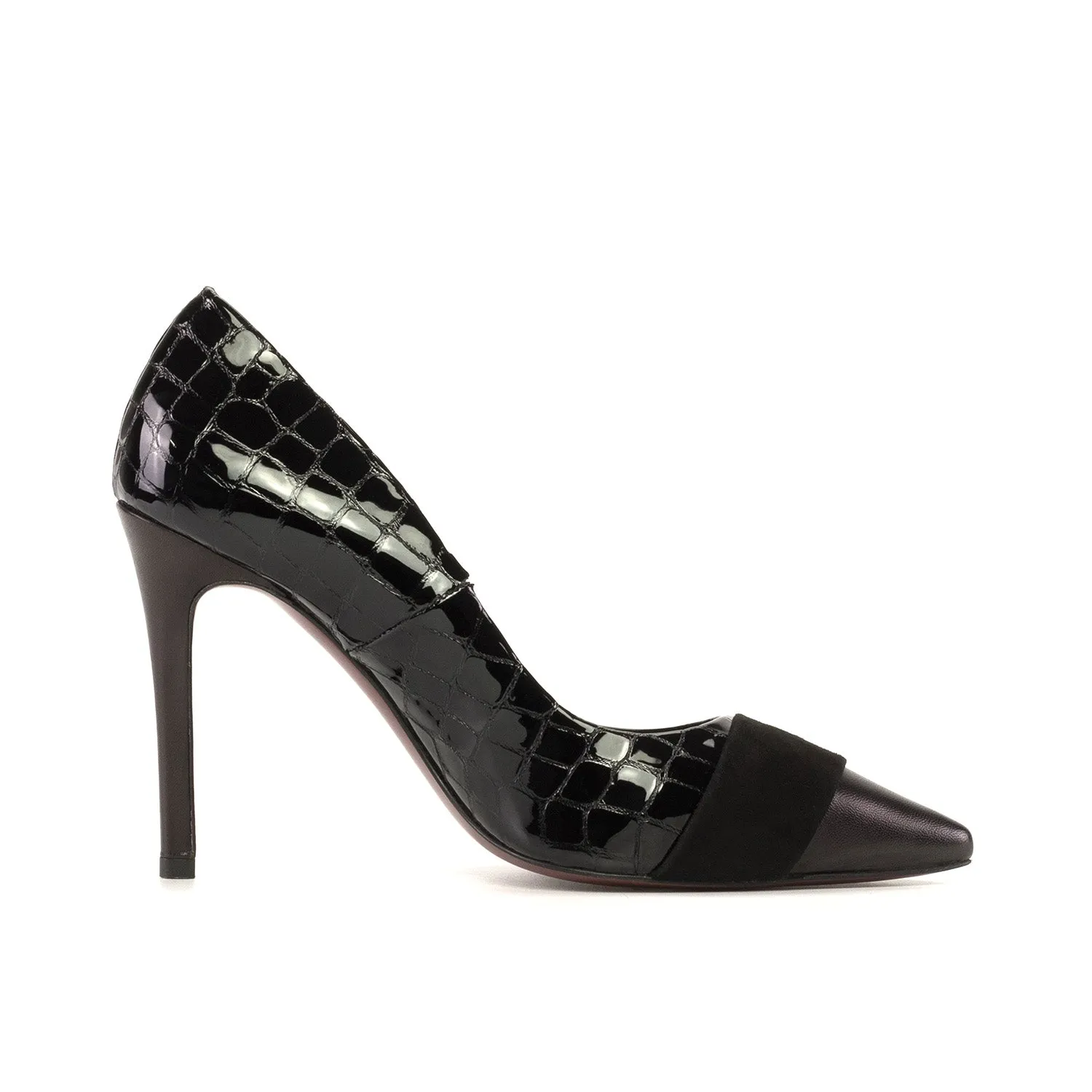 Ambrogio Bespoke Custom Women's Shoes Black Crocodile Print / Suede / Nappa Leather Milan Pumps (AMBW1127)