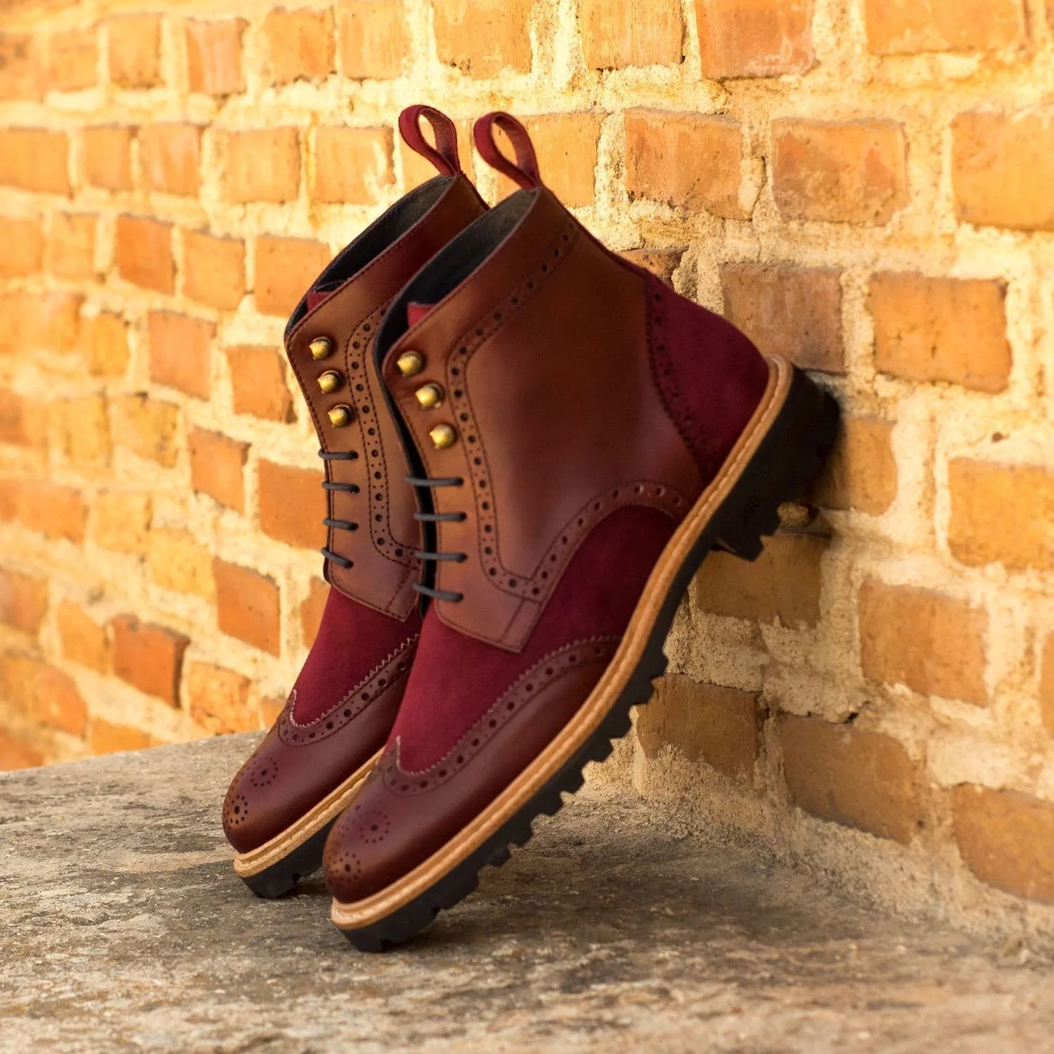 Ambrogio Bespoke Custom Women's Shoes Burgundy & Wine Suede / Calf-Skin Leather Wingtip Boots (AMBW1098)