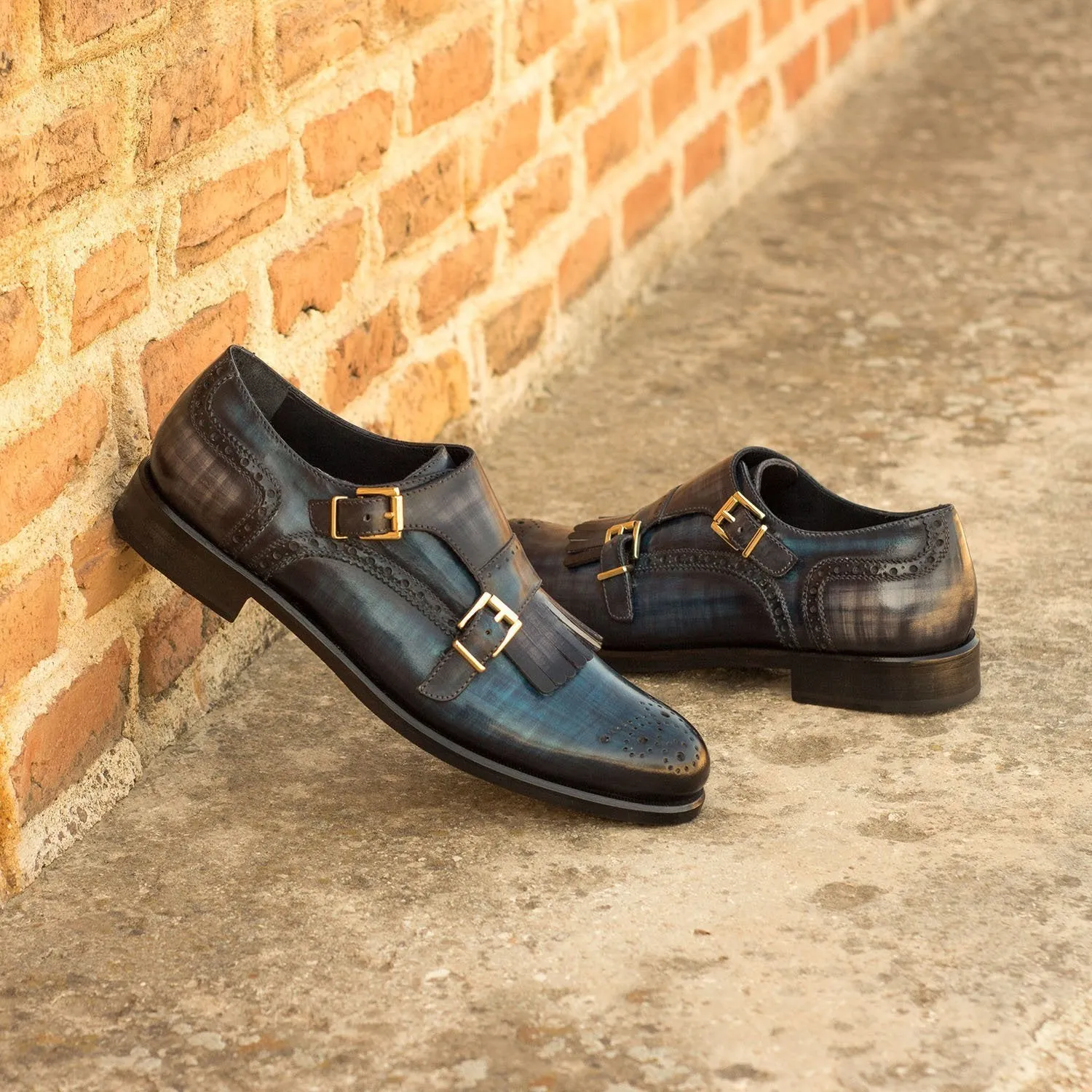 Ambrogio Bespoke Custom Women's Shoes Denim & Blue Patina Leather Kiltie Monk-Straps Loafers (AMBW1102)