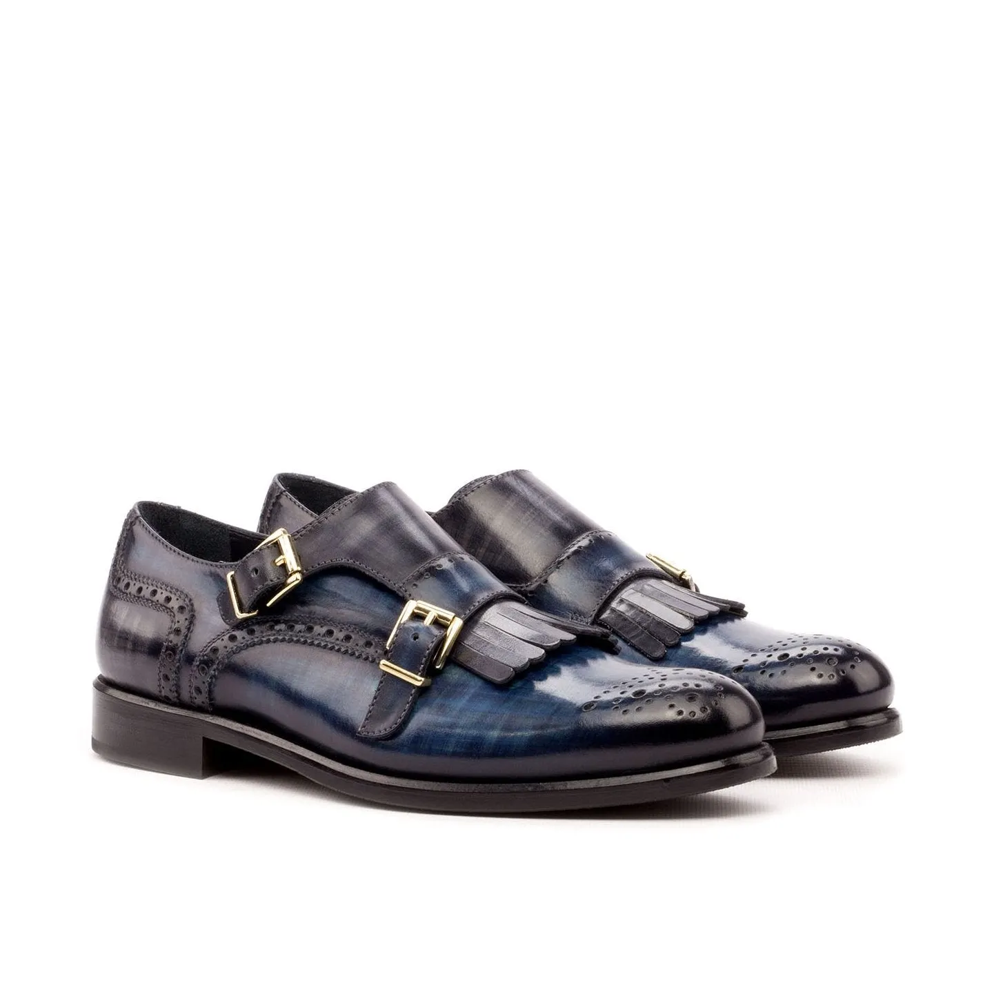 Ambrogio Bespoke Custom Women's Shoes Denim & Blue Patina Leather Kiltie Monk-Straps Loafers (AMBW1102)