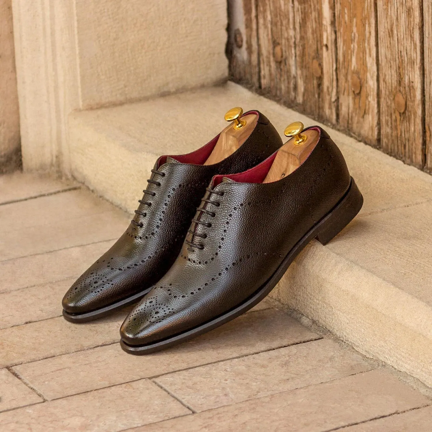 Ambrogio Bespoke Men's Handmade Custom Made Shoes Black Pebble Grain Leather Dress Oxfords (AMB1302)