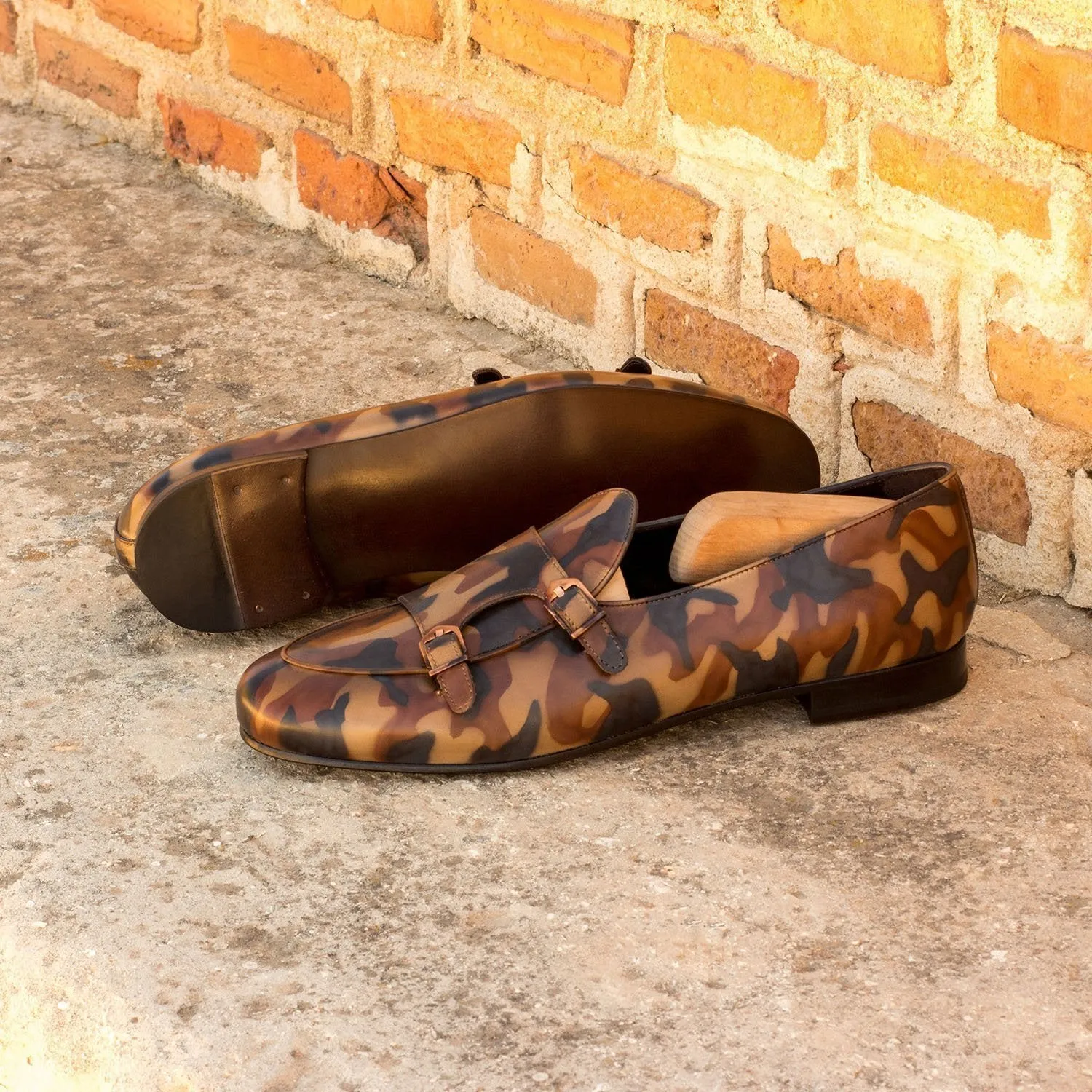 Ambrogio Bespoke Men's Handmade Custom Made Shoes Brown Camo Patina Leather Monk Slipper Loafers (AMB1285)