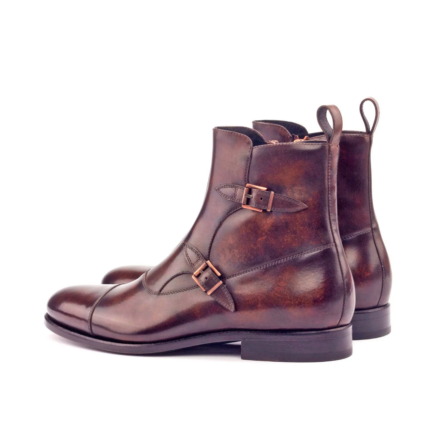 Ambrogio Bespoke Men's Handmade Custom Made Shoes Brown Patina Leather Atticus Double Boots (AMB1254)