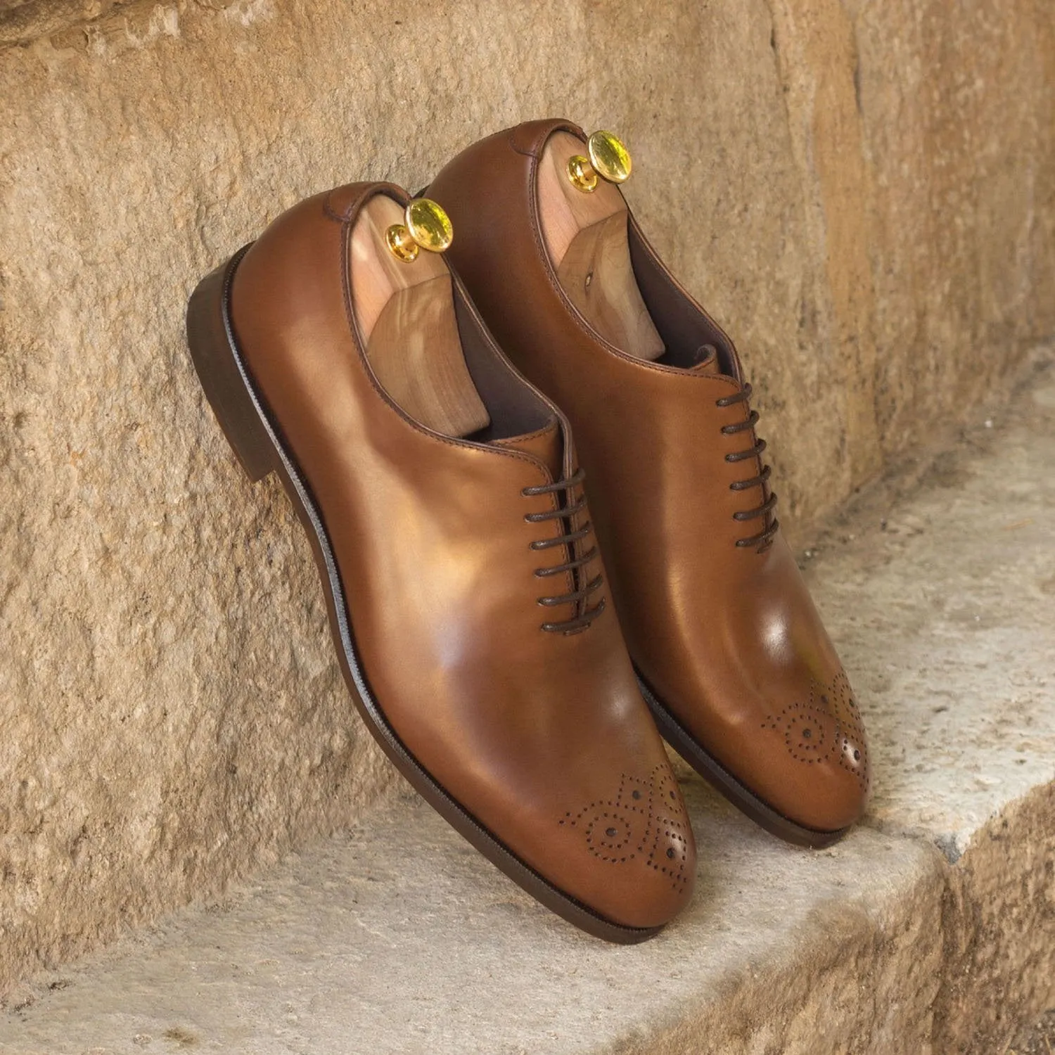 Ambrogio Bespoke Men's Handmade Custom Made Shoes Brown Polished Calf-SKin Leather Dress Oxfords (AMB1293)