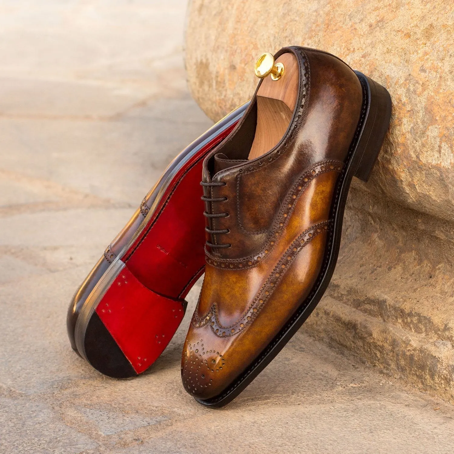 Ambrogio Bespoke Men's Handmade Custom Made Shoes Cognac & Brown Patina Leather Full Brogue Oxfords(AMB1269)