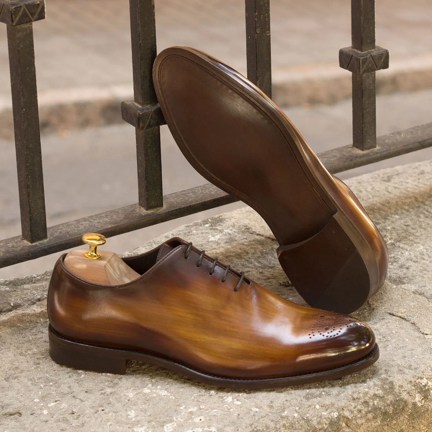 Ambrogio Bespoke Men's Handmade Custom Made Shoes Cognac Patina Leather Dress Oxfords (AMB1290)