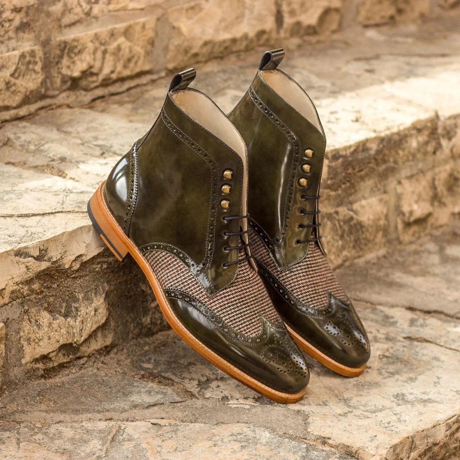 Ambrogio Bespoke Men's Handmade Custom Made Shoes Gray & Green Polished Calf-Skin Leather Military Brogue Boots (AMB1258)