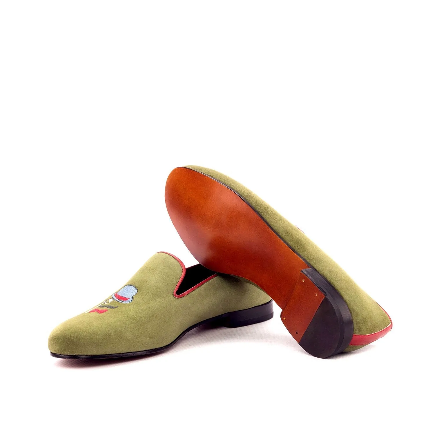 Ambrogio Bespoke Men's Handmade Custom Made Shoes Green & Red Suede / Calf-Skin Leather Wellington Loafers (AMB1309)