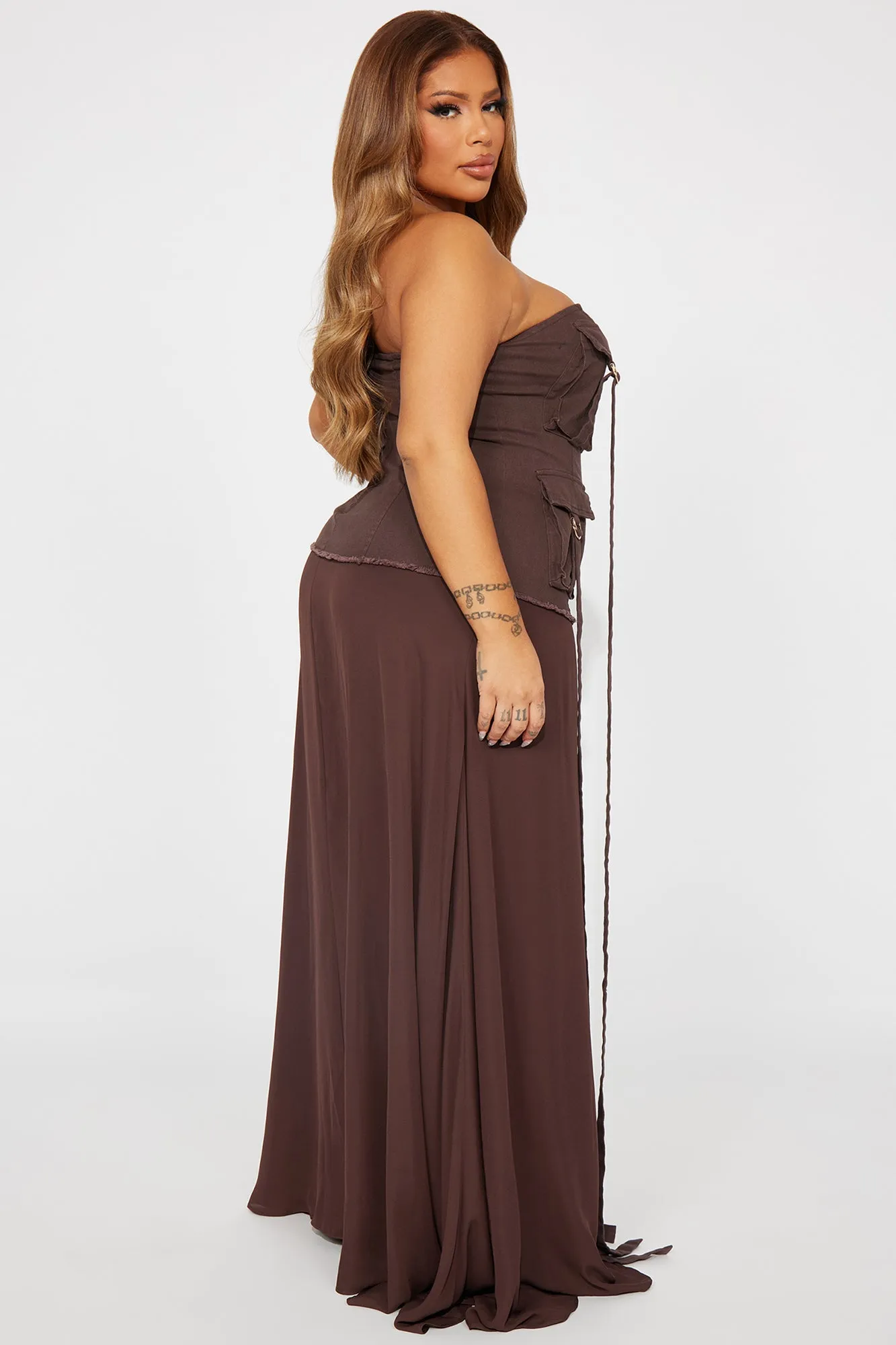 Andrea Cargo Denim Maxi Dress - Chocolate