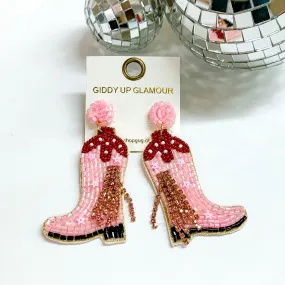 Beaded Boots Earrings in Pink with Pink Crystal Tassels