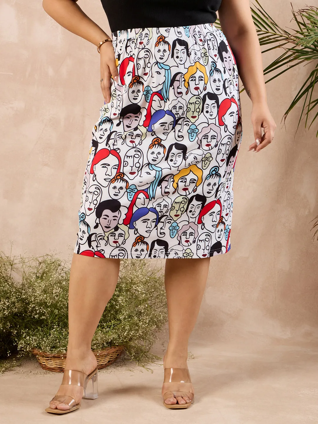 White Graphic Print High Rise Knee Length Pencil Skirt by Berrylush Curve