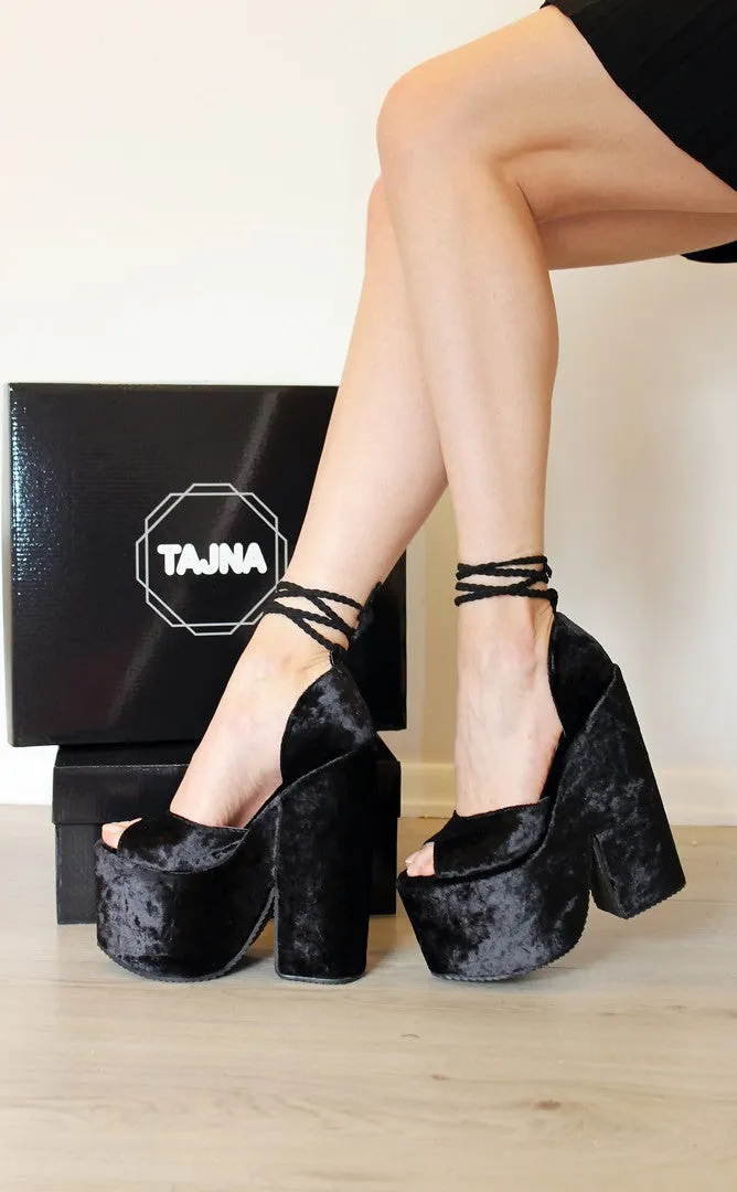 Black Lace up Super High Heel Wedge Platform Shoes