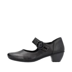 Black Leather Rieker Shoes Low Heel Strap Court 41756-00