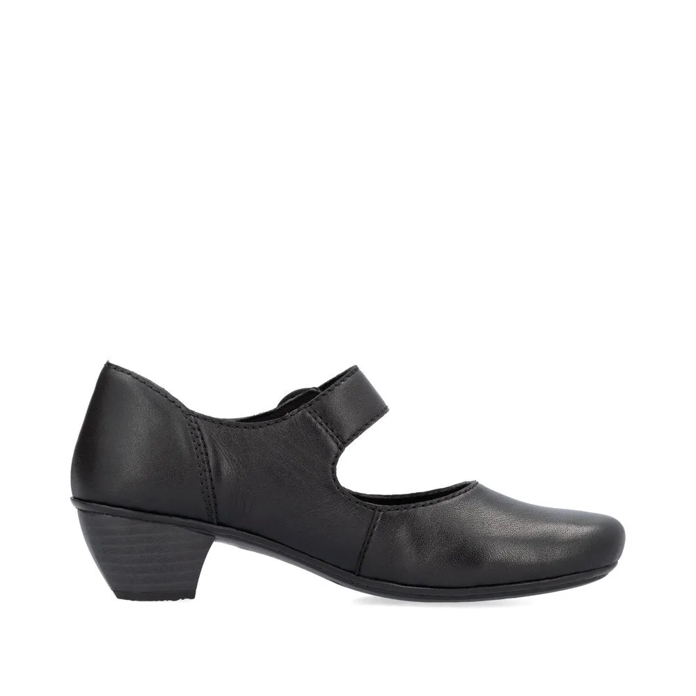 Black Leather Rieker Shoes Low Heel Strap Court 41756-00