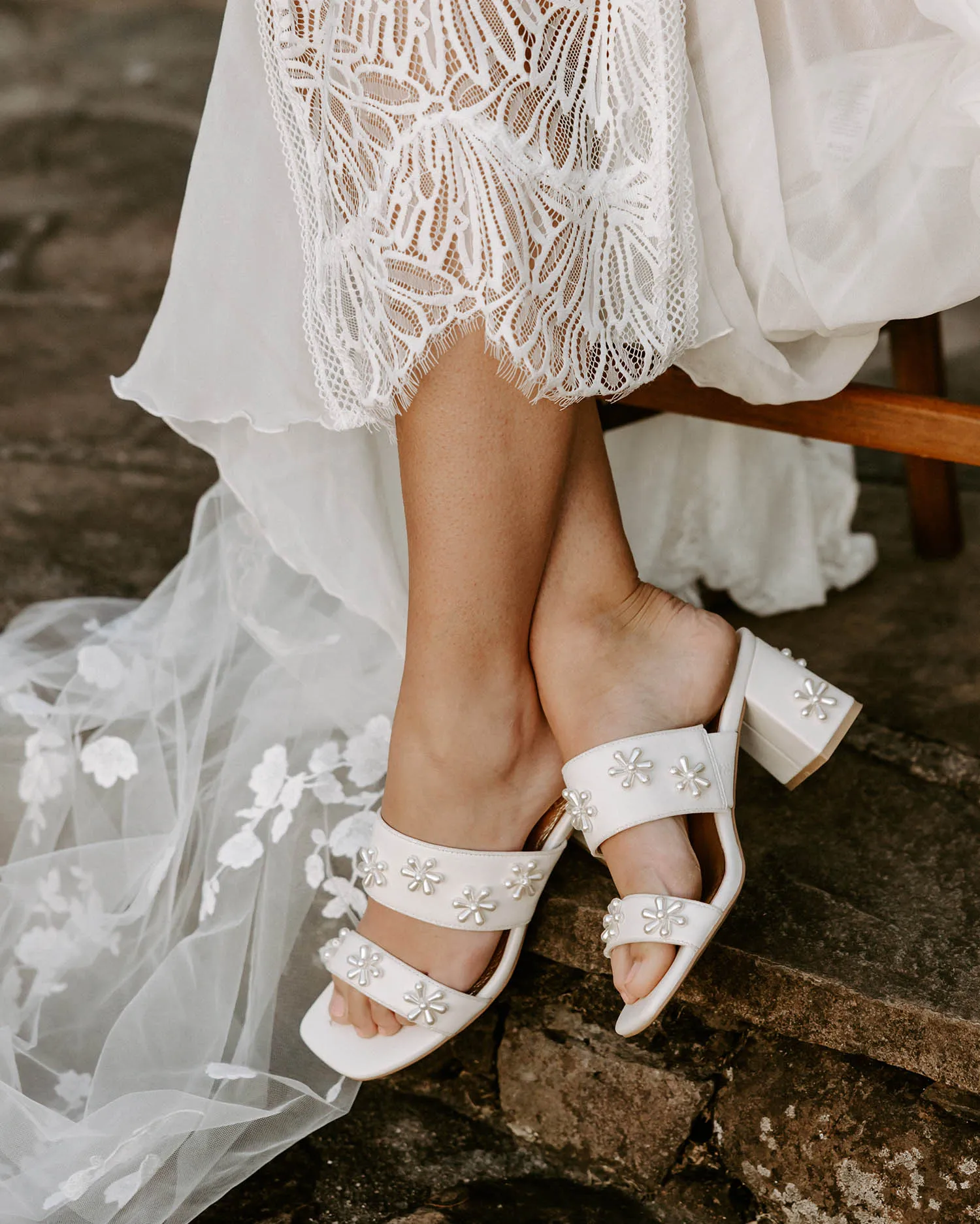 BLOOM MULES -  PEARL FLOWER IVORY BRIDAL SHOES