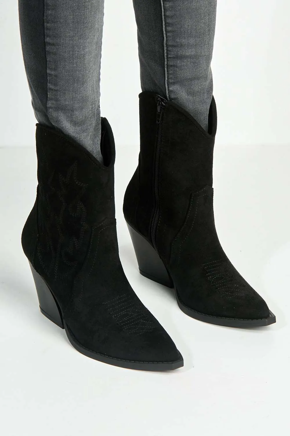 Bromley Detail Western Boots in Black Suede