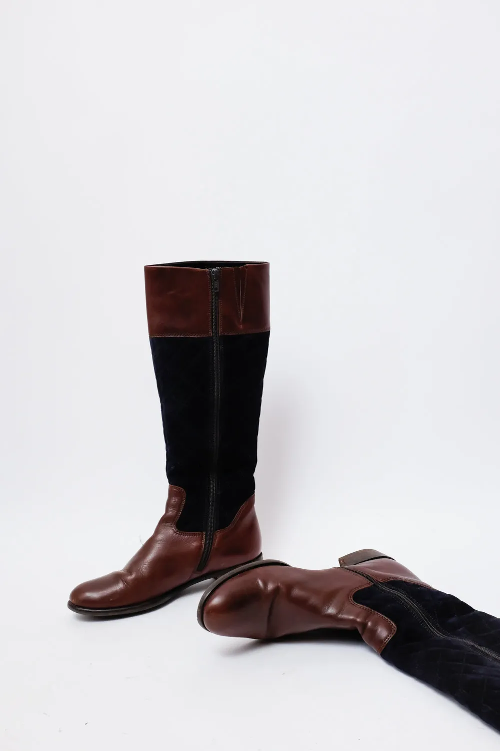 BROWN NAVY QUILTED LEATHER BOOTS 38,5