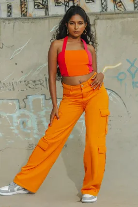 Sure! To optimize the title for better searchability and appeal, we can include descriptors that highlight the products features, style, and potential use cases. Heres an optimized title:

Trendy Candy Orange High-Waisted Cargo Pants for Women - Stylish and Functional Streetwear