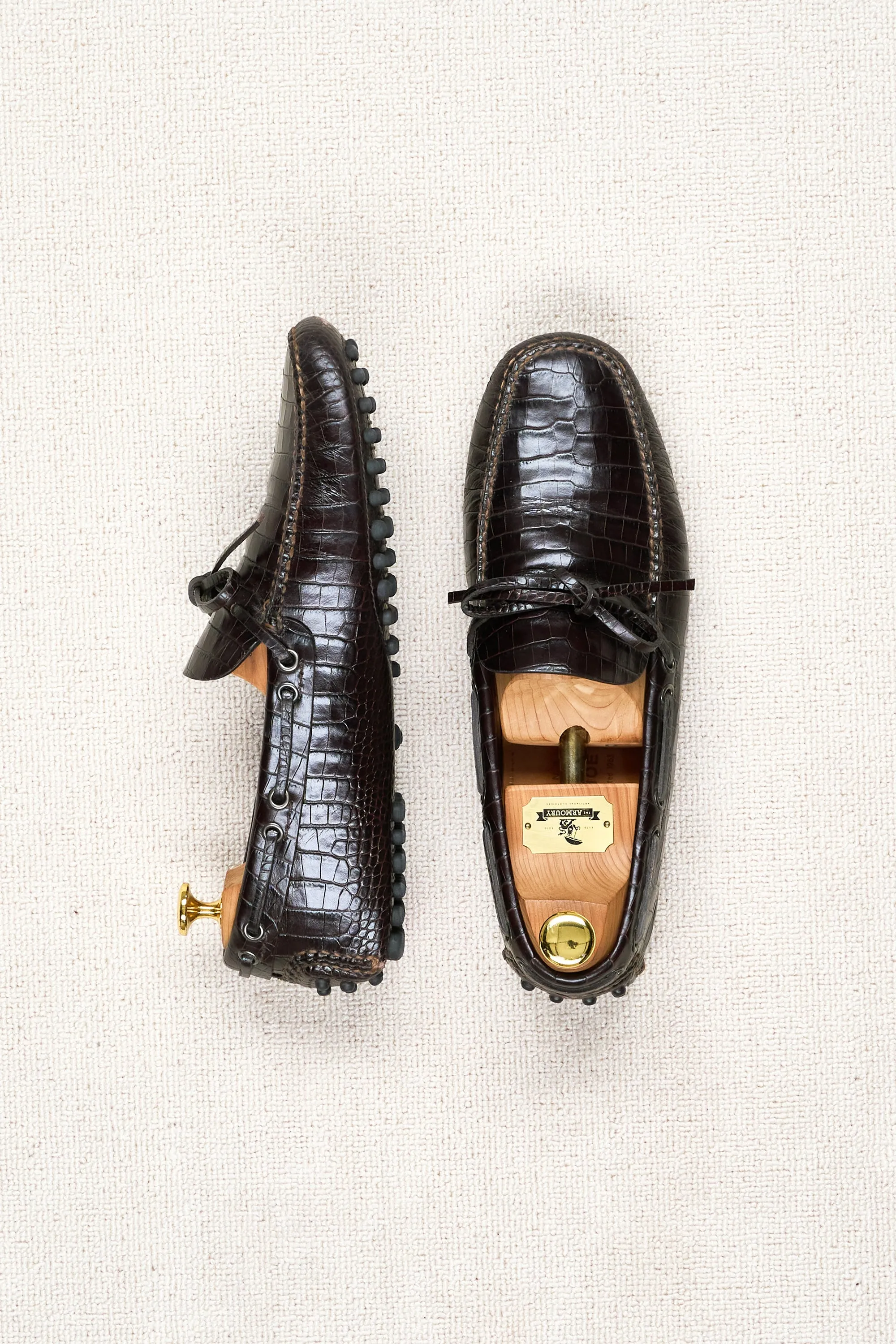 Luxurious Dark Brown Crocodile-Embossed Leather Driving Loafers by Car Shoe