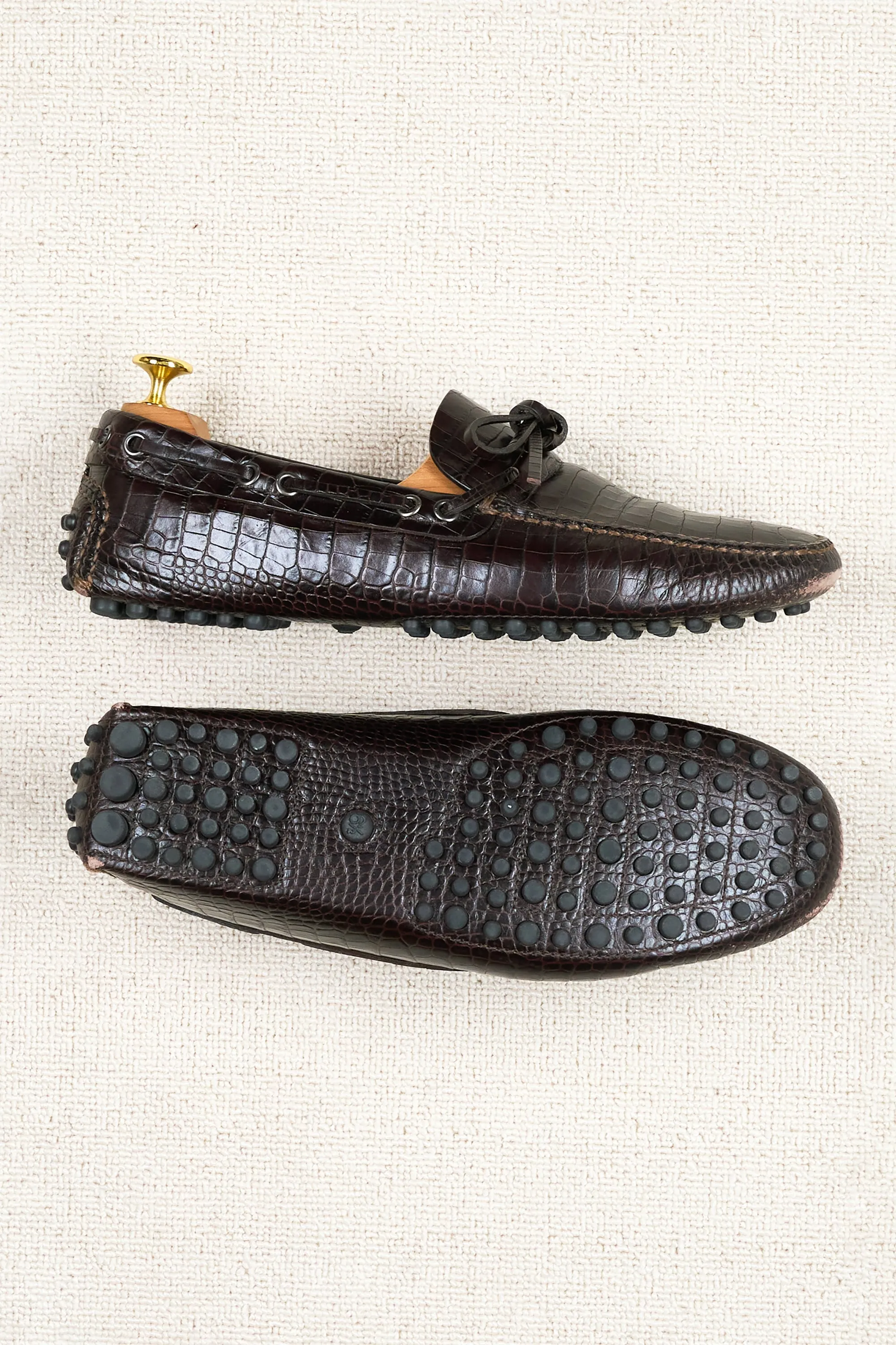 Luxurious Dark Brown Crocodile-Embossed Leather Driving Loafers by Car Shoe