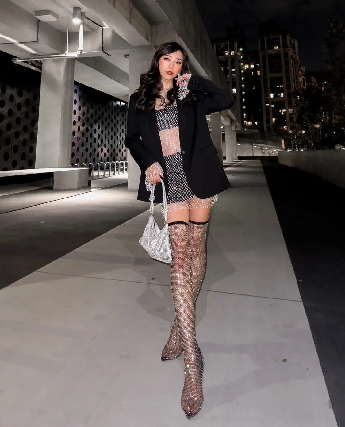 Client Mel in our Knee High Sock Rhinestone Heels