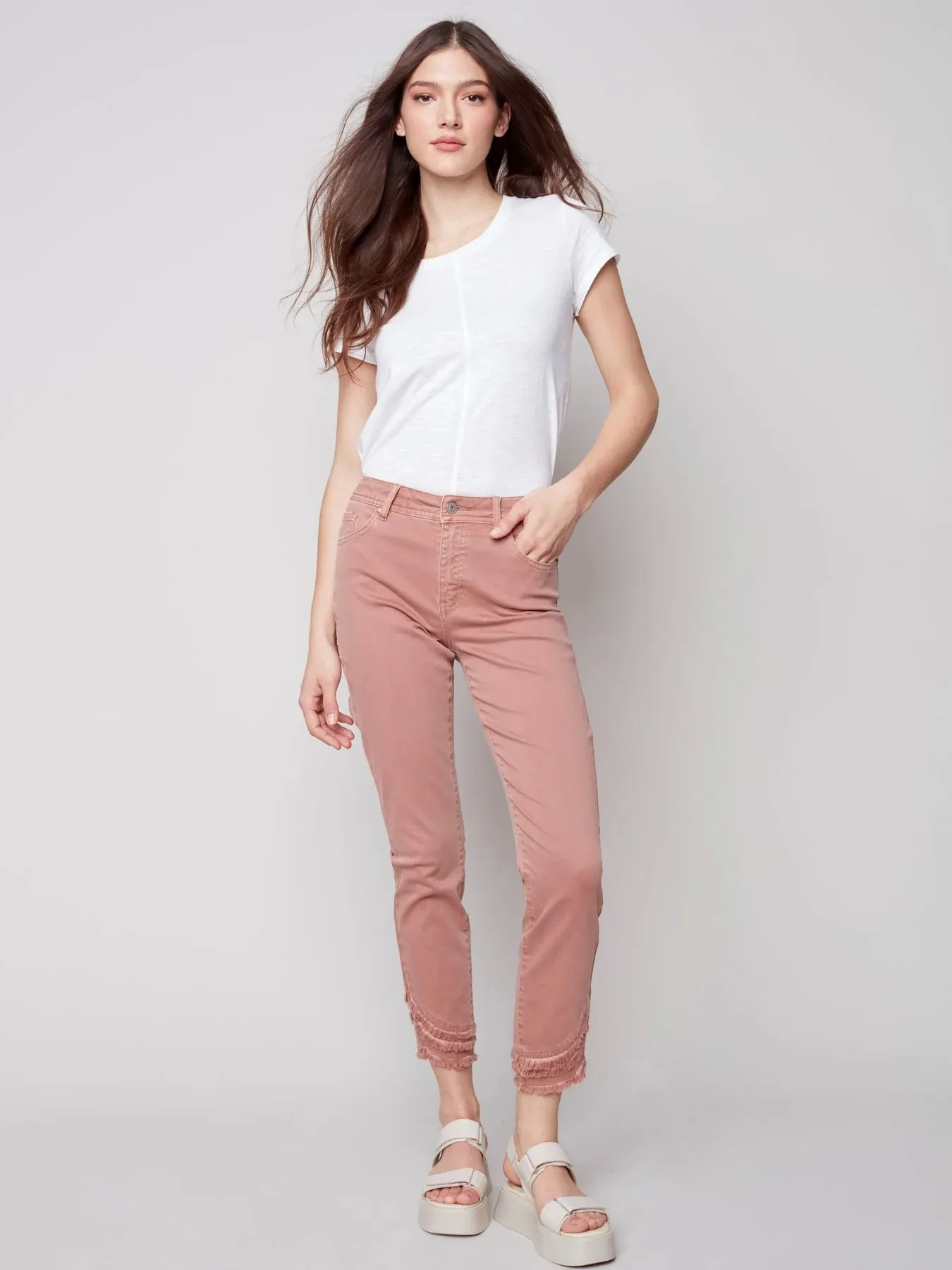 FRAYED HEM DENIM PANTS