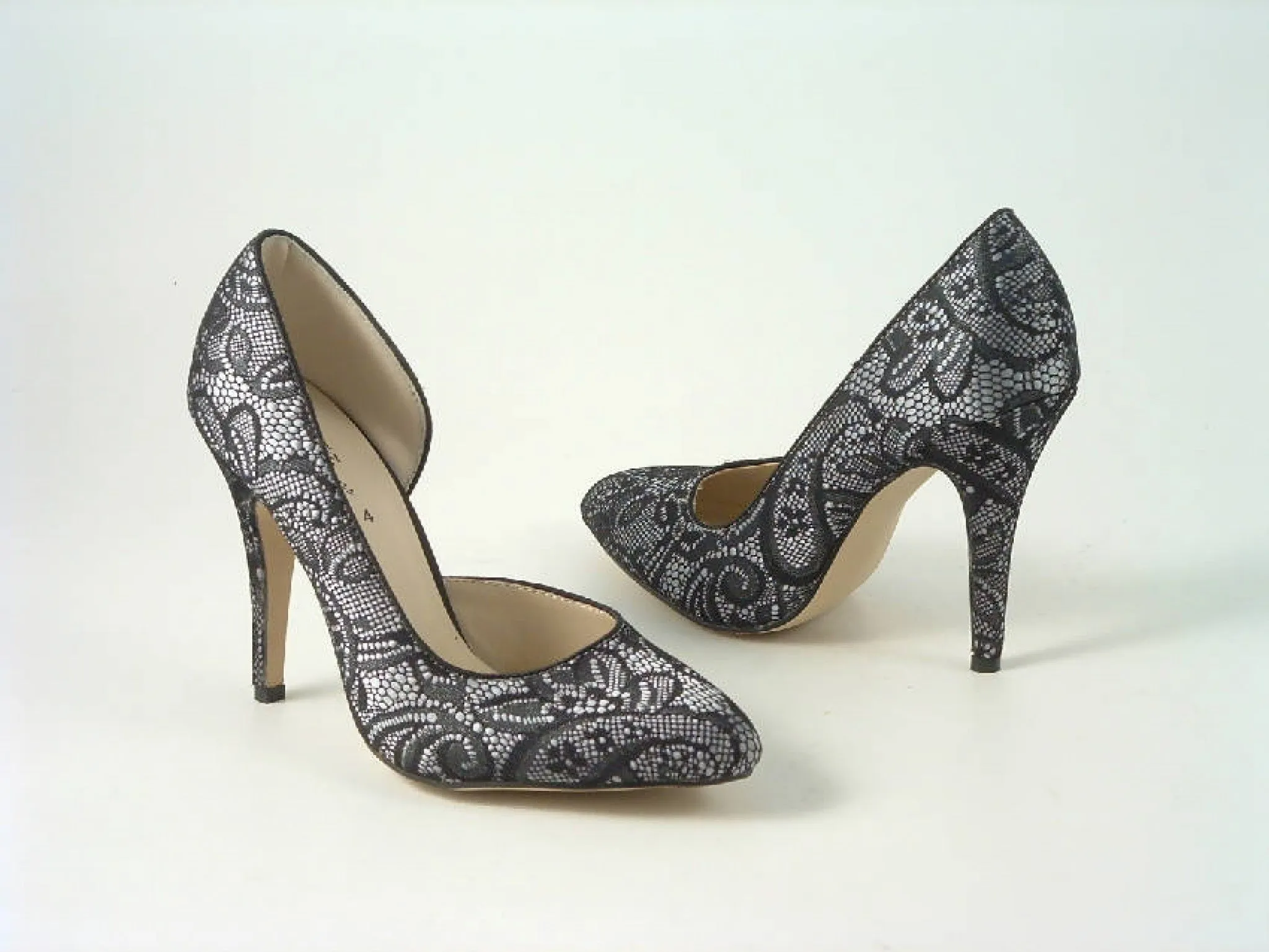 Glitz Shoes Lace Satin Open Waist High Heel Court Shoe