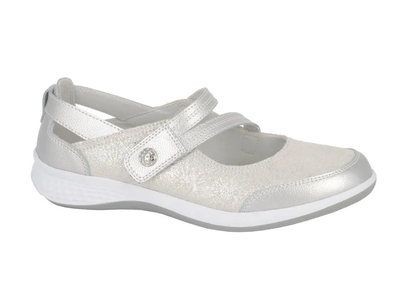 Ladies Boulevard Shoes Strap Over Silver Sparkle Leather Extra Wide L443FS