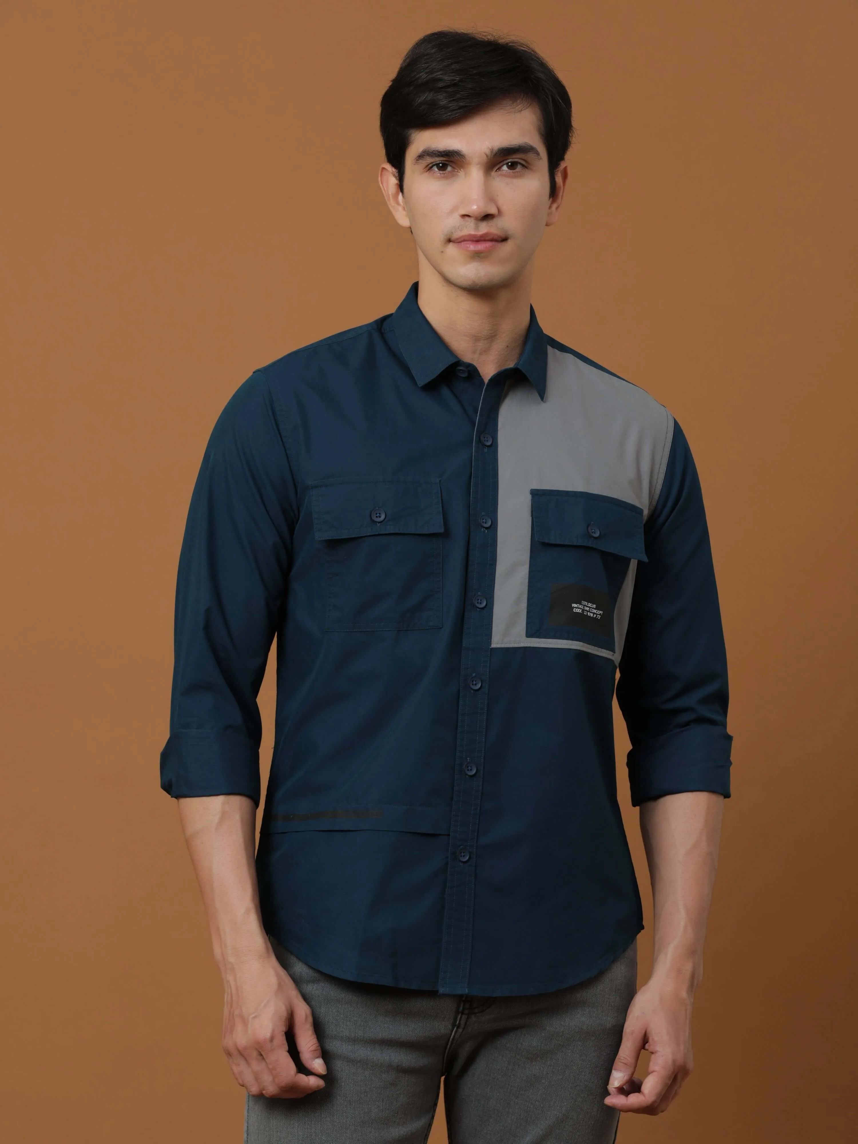 Teal Blue Contrast Patch Cargo Shirt