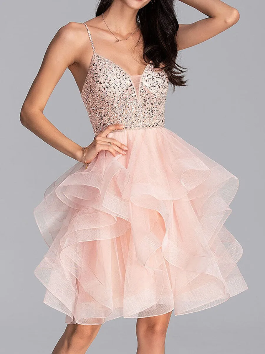 V-neck Knee-Length Tulle Dress