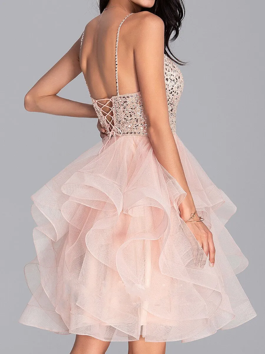 V-neck Knee-Length Tulle Dress