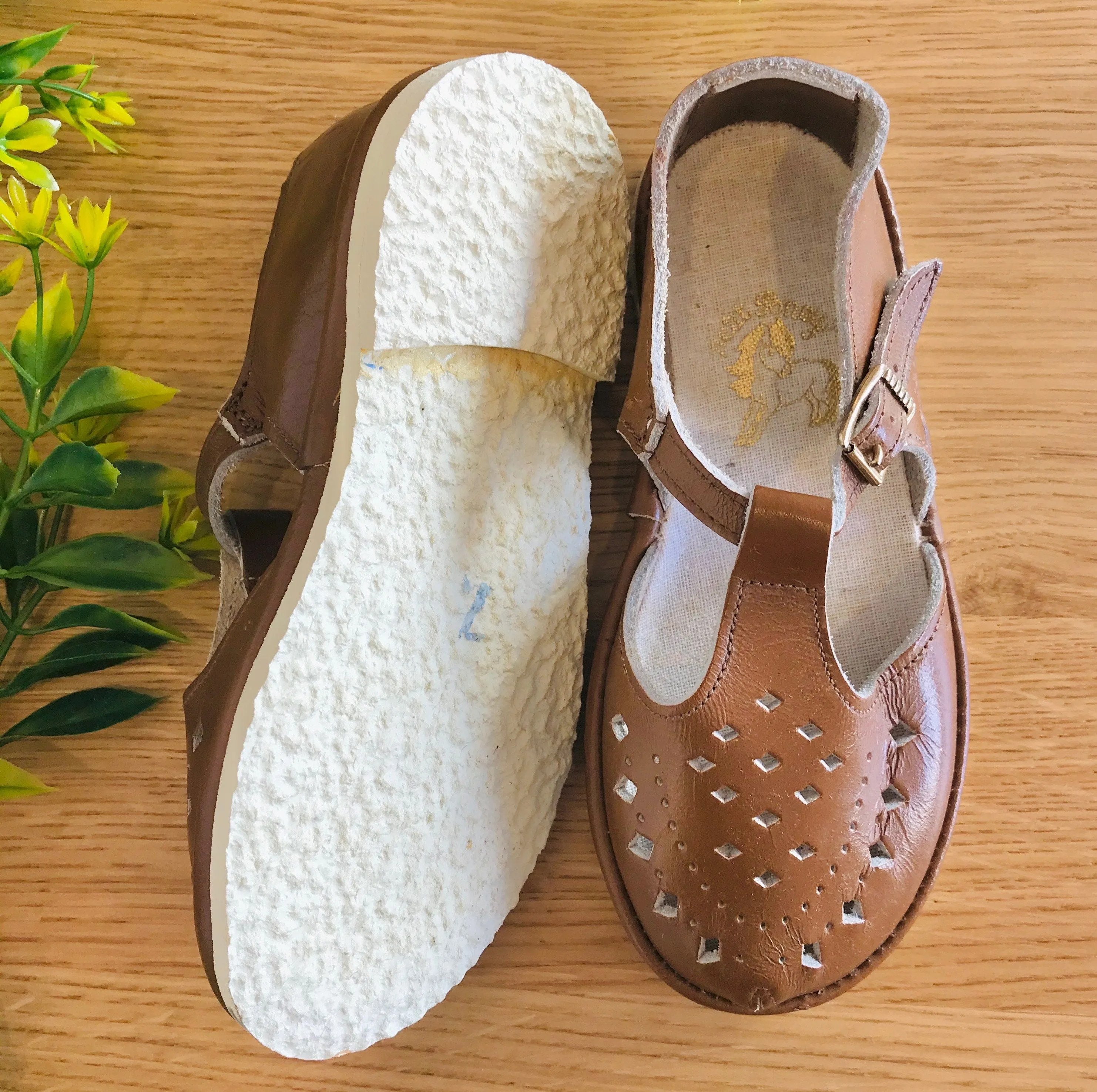 Vintage 50's Brown Leather T Bar Shoes Made in France EU30