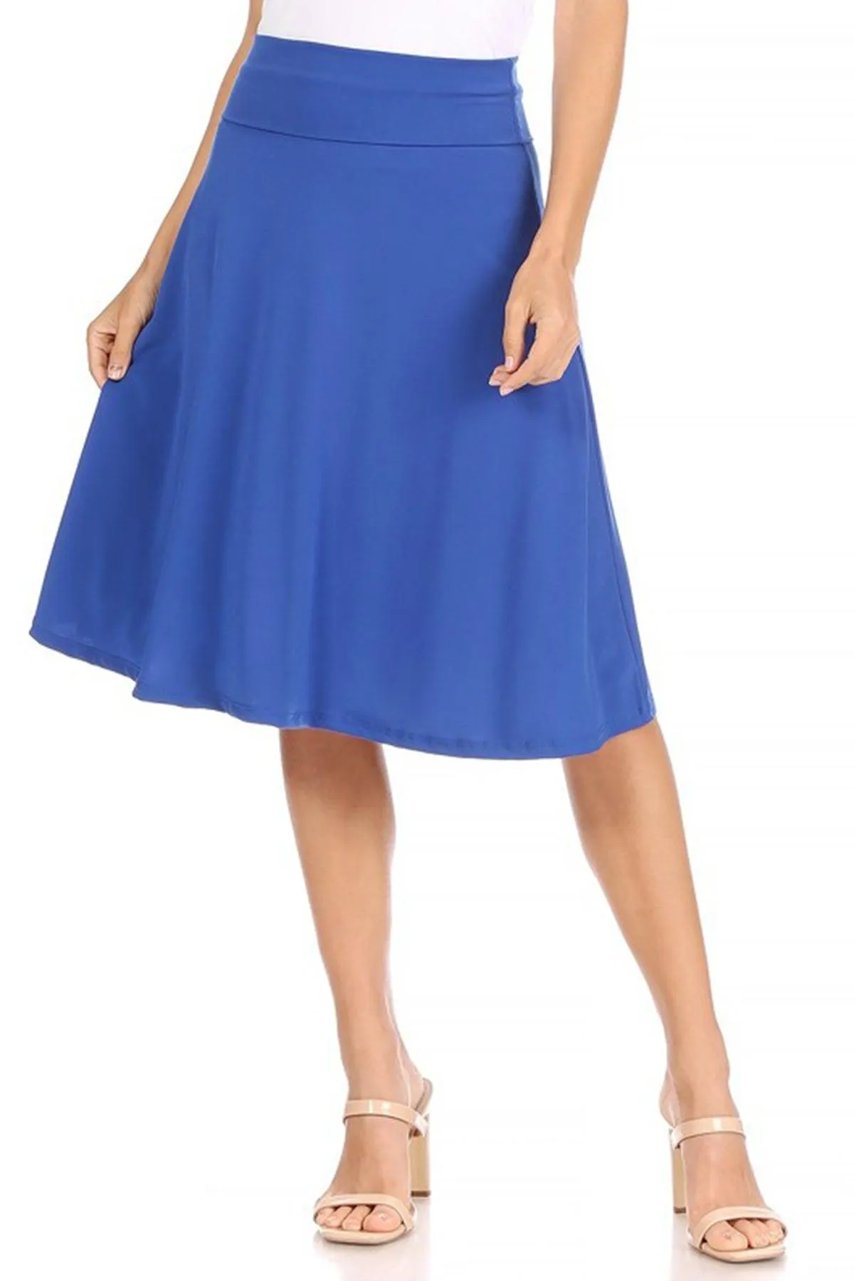 Women's Casual Solid High Waisted Knee Length Flare A-line Skirt with Elastic Waistband