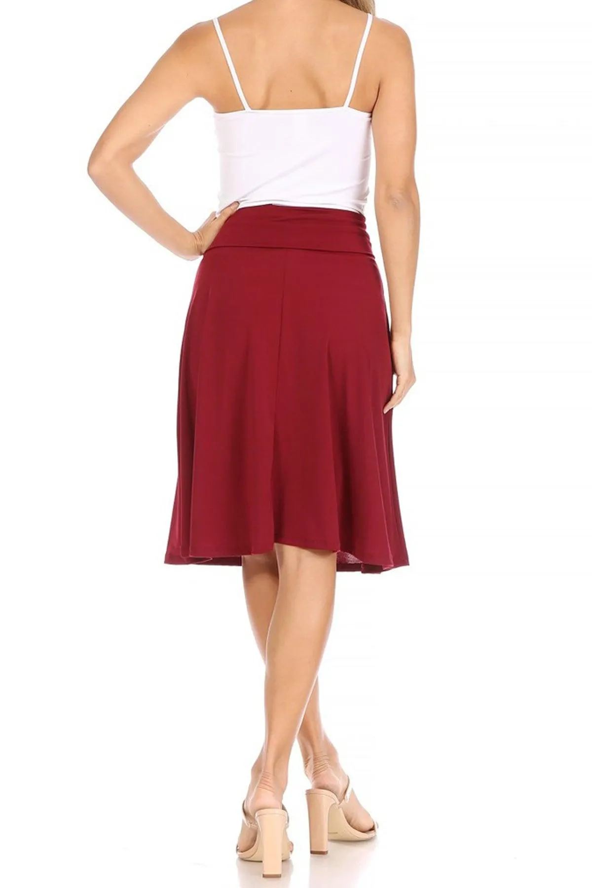 Women's Casual Solid High Waisted Knee Length Flare A-line Skirt with Elastic Waistband