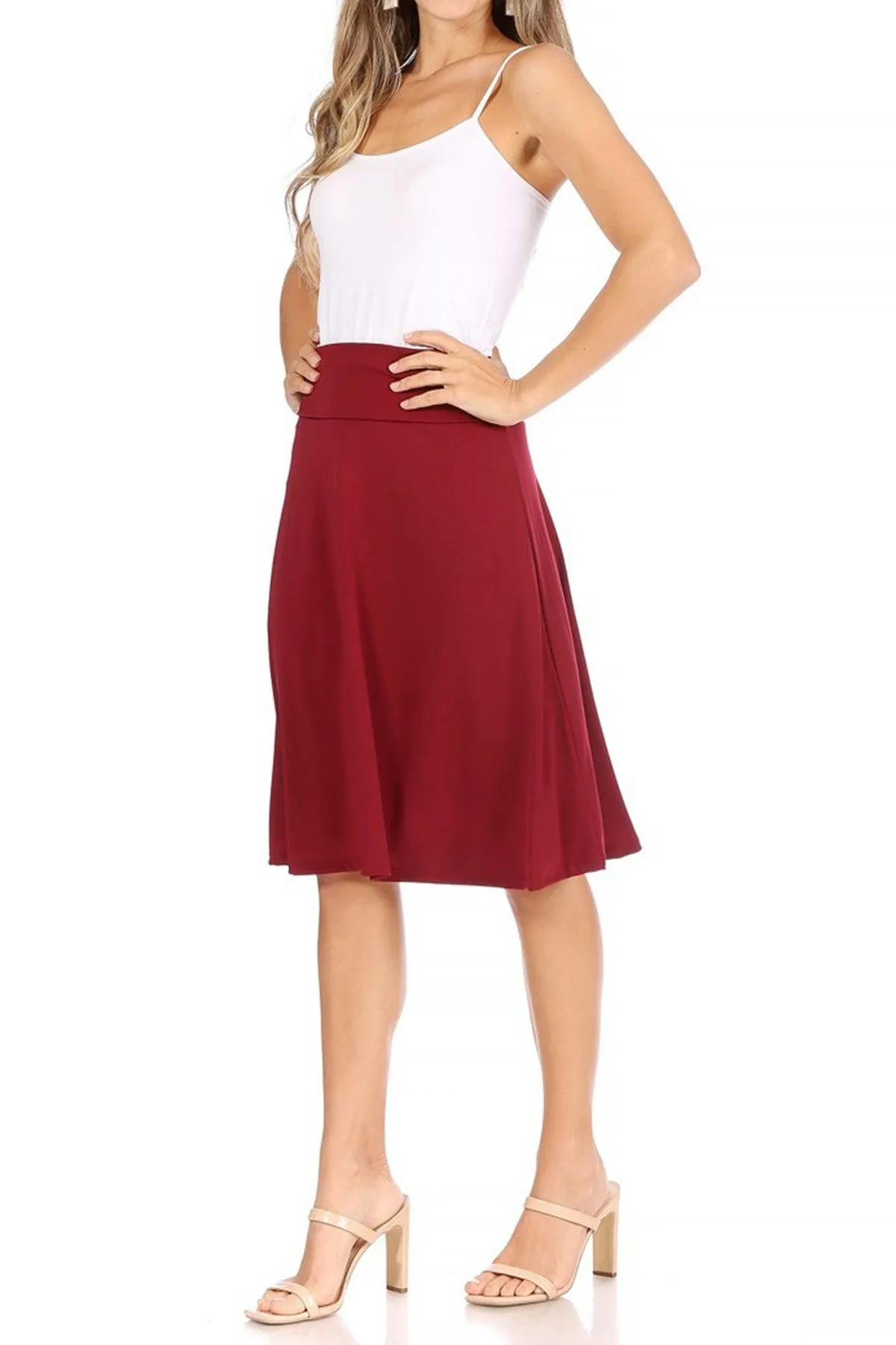 Women's Casual Solid High Waisted Knee Length Flare A-line Skirt with Elastic Waistband