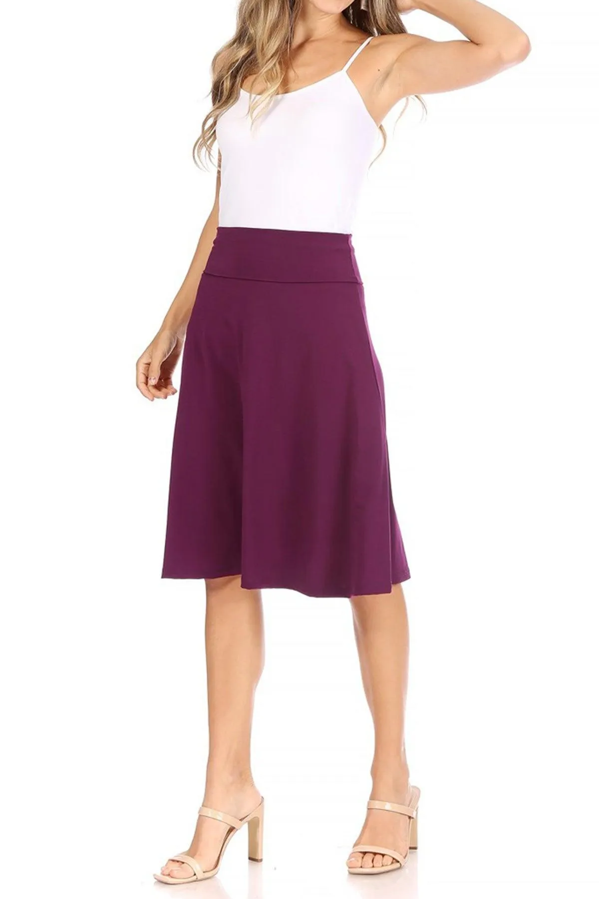 Women's Casual Solid High Waisted Knee Length Flare A-line Skirt with Elastic Waistband