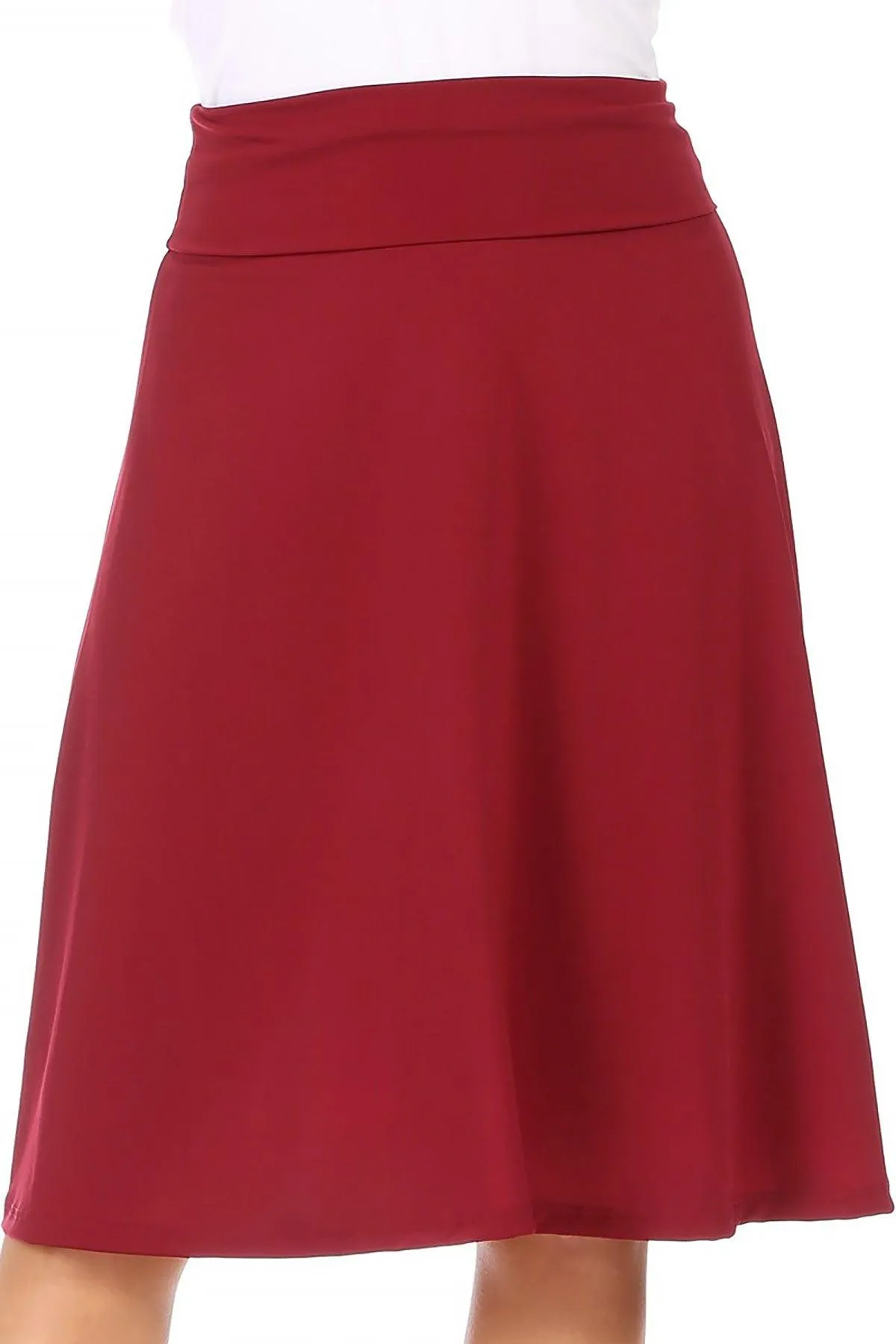 Women's Casual Solid High Waisted Knee Length Flare A-line Skirt with Elastic Waistband