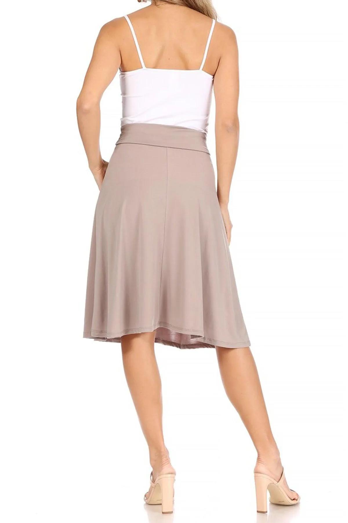 Women's Casual Solid High Waisted Knee Length Flare A-line Skirt with Elastic Waistband